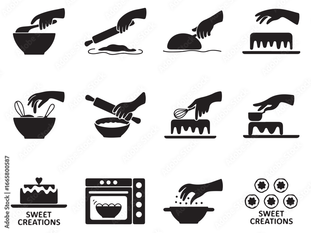 Black and White Baking Process Icons for Sweet Treats, set of simple ...