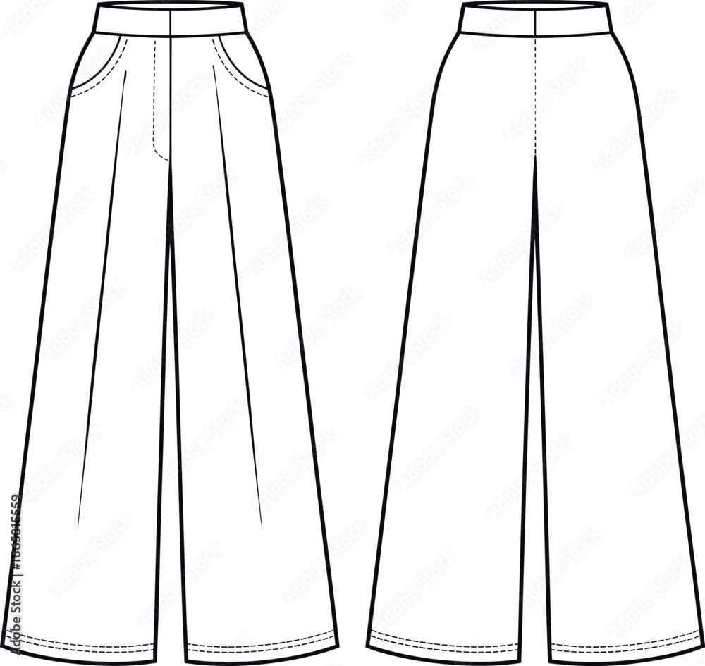 Wide-leg pants fashion illustration, front and back view, technical sketch, high waist, garment design, sewing pattern, apparel template, vector drawing