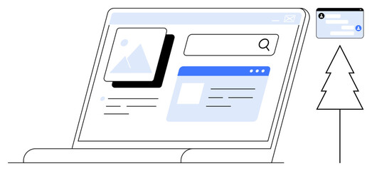 Digital device with search bar, image, and card layout elements alongside a tree icon. Ideal for technology, sustainability, user interface, UIUX design, creativity, innovation simple landing page