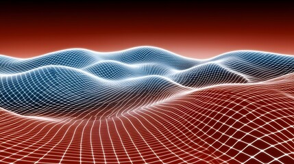 Wall Mural - the image displays an abstract wireframe landscape with a blue hue transitioning to red, set against
