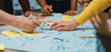 A vibrant brainstorming session featuring diverse hands working together on a large paper, surrounded by colorful sticky notes and markers, full of innovative ideas. SACTR