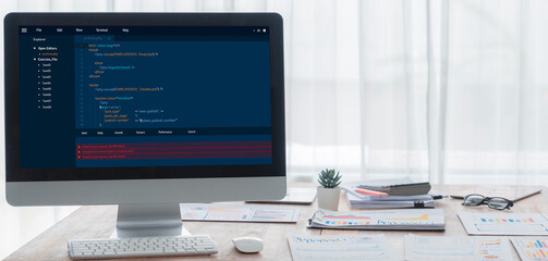 Software development programming on computer screen for brisk application and program coding