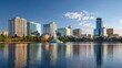 orlando florida usa downtown city skyline on eola lake no logos no brands ar 169