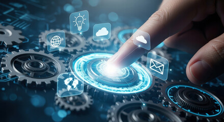 Finger activates glowing interface surrounded by gears and icons, symbolizing digital interaction and technology