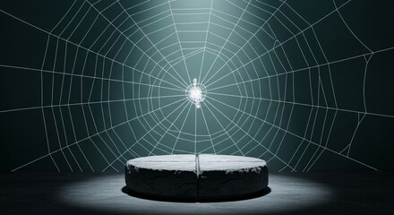 Mysterious spider web background with stone pedestal and spotlight