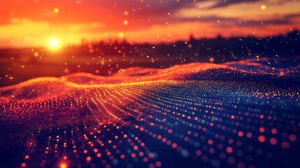 Sticker - Vibrant illustration of a digital landscape bathed in sunset colors. Waves of data create a stunning visual effect. Perfect for abstract and technology themes. Generative AI
