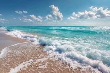Wall Mural - Sunny beach day with brilliant blue skies and white clouds, inviting waves lapping against soft sandy shores while the sun bathes the coast in warm light