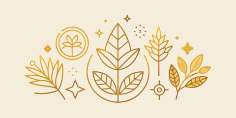 Golden botanical pattern with line art elements on light beige background featuring leaves branches and stars for eco fashion design