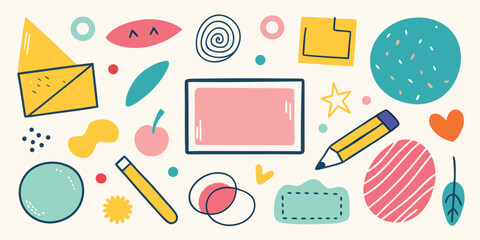 Playful hand drawn shapes and objects illustration abstract doodle design elements for creative projects and backgrounds featuring a pencil