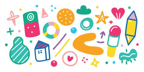 Playful vector graphics collection doodle elements whimsical design creative fun shapes objects hearts stars houses pencils clouds ideal for childrens themes