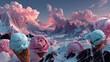 © Nermin - Seamless repeating cartoon background. Vector unending background with ice cream, pink mountains and clouds.