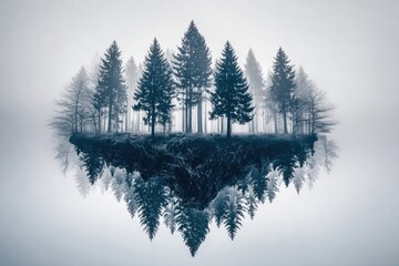 Wall Mural - Misty island forest mirrored in a tranquil lake