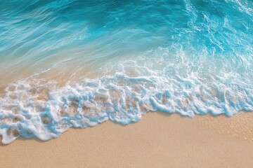 Wall Mural - Soft waves gently lap the warm sandy beach under the bright summer sun, inviting relaxation and tranquility with soothing sounds and vibrant colors