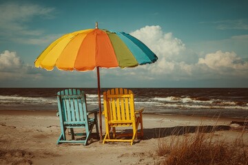 Colorful beach umbrella shades two chairs on sandy shore under a partly cloudy sky