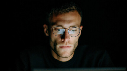 Focused programmer coding late at night on laptop, glasses reflecting screen glow, minimalist illustration of software development, algorithms, and concentrated solitary workspace