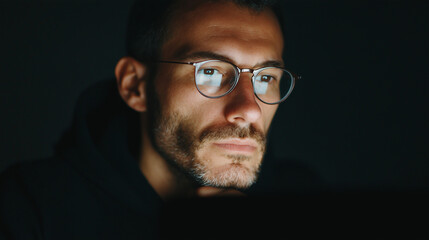 Focused programmer coding late at night on laptop, glasses reflecting screen glow, minimalist illustration of software development, algorithms, and concentrated solitary workspace