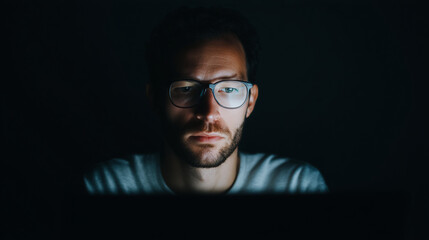 Focused programmer coding late at night on laptop, glasses reflecting screen glow, minimalist illustration of software development, algorithms, and concentrated solitary workspace