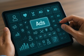A person's hand, using a stylus, interacts with a digital tablet displaying a graphic user interface with various icons and the word 
