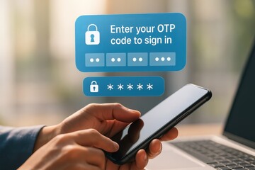 Hands entering an OTP code on a smartphone for secure login.