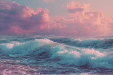 Panoramic view of vibrant sea waves under a beautiful dawn sky filled with soft pink and purple clouds