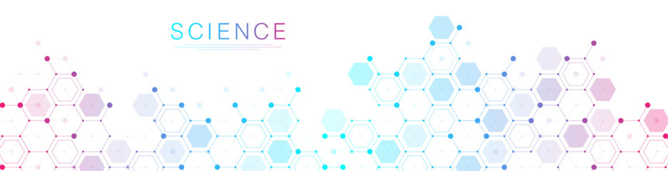 Wall Mural - Molecular abstract structure and genetic engineering DNA. Healthcare and medicine background concept. Scientific research background. Wave flow. Innovation pattern. Vector illustration.