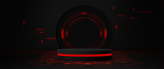 Wall Mural - futuristic black podium with red neon lighting and circular tech elements for game product presentat