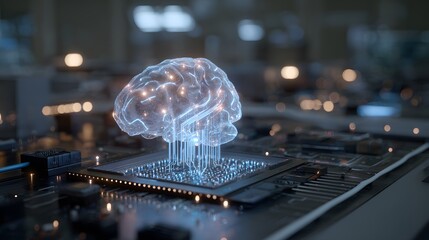 A glowing brain hovering over a computer chip with lights and a blurred background in a tech setting