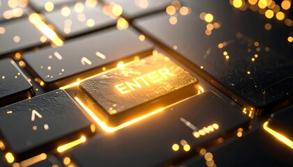 Illuminated Enter Key on a Dark Keyboard with Bokeh Lights, Technology Concept