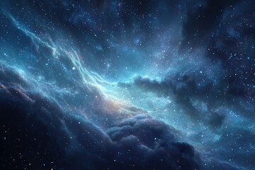 Wall Mural - vivid blue outer space backdrop featuring nebula clouds swirling through the cosmos in a cosmic danc