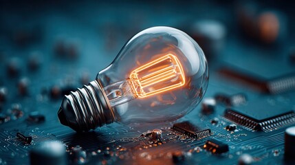 Glowing light bulb on a circuit board representing technology and innovation.