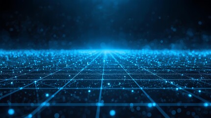 Futuristic grid with glowing blue dots, creating a digital landscape