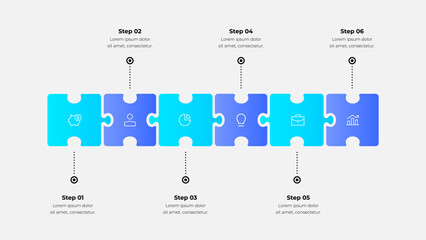 Wall Mural - colorful puzzle pieces arranged horizontally depict six sequential steps, each symbolizing a unique 