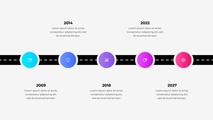 Wall Mural - colorful infographic showing a roadmap with key milestones, dates, and corresponding icons on a blac