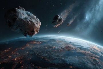 Wall Mural - panoramic view of earth surrounded by asteroids depicting the vastness of space and the dynamic beau