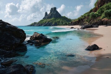 Wall Mural - Breathtaking coastal vista showcasing turquoise waters, rocky formations, and lush greenery under a bright sky on a sunny day