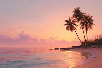 Wall Mural - Breathtaking tropical beach at sunset with gentle waves lapping shore and palm trees silhouetted against a vibrant sky in a serene atmosphere