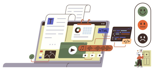 Laptop showcasing text, charts, coding, and multimedia icons thumbs up images, videos, and audio. Includes a feedback column with happy faces. Ideal for content creation, coding web development