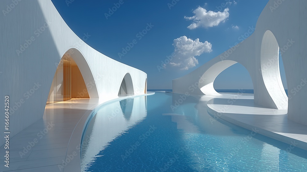 Futuristic White Architecture with Curved Walls and Floors, Sky Blue ...