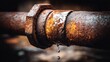 © NovaVision - A rusty pipe joint leaks water, showing signs of corrosion and a plumbing issue.