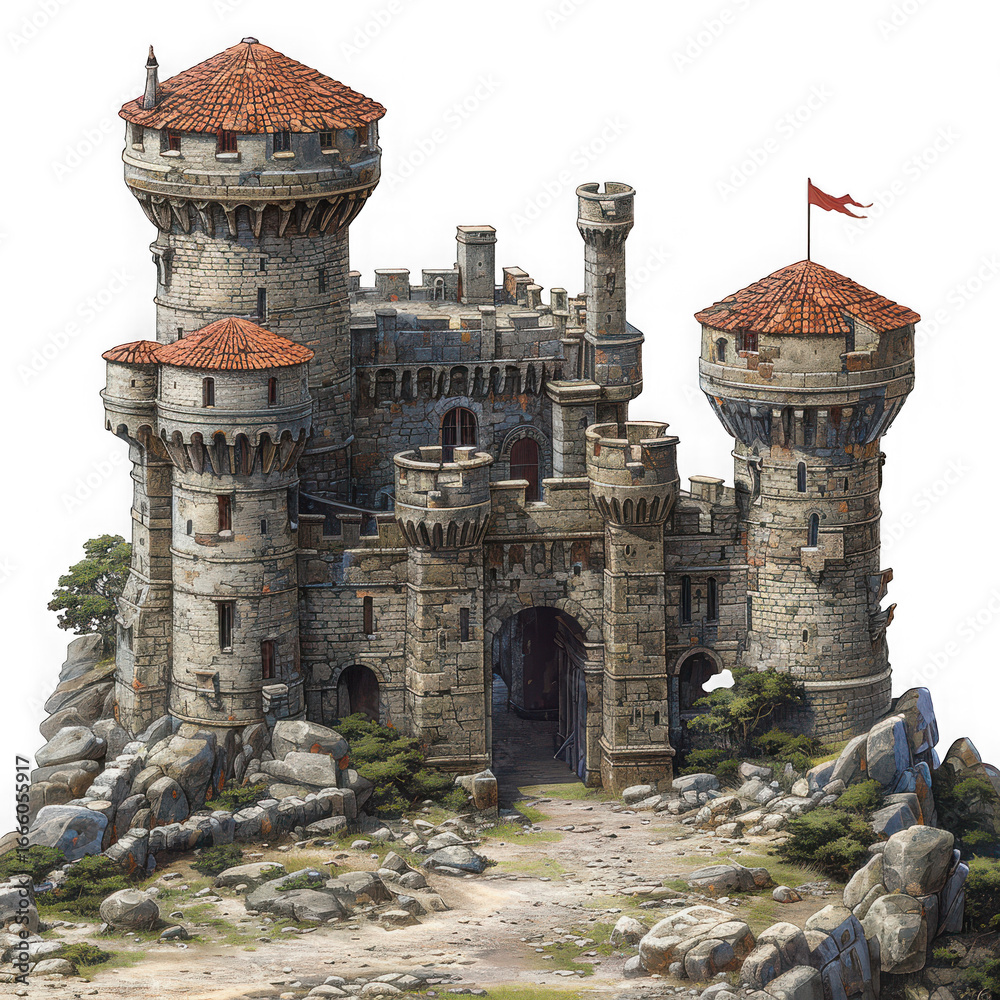 Imposing medieval castle with stone towers and red flag isolated on ...