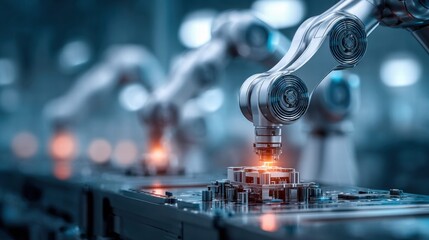 Robotic arms in a factory assembling electronic components with precision and efficiency.