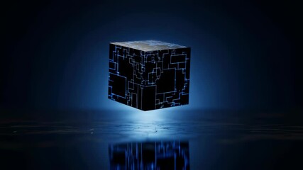 Wall Mural - Abstract glowing blue circuit cube rotating in dark space. Advanced technology and extraterrestrial science concept animation.