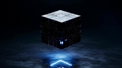 Wall Mural - Floating technology cube with glowing blue circuits hovering over a reflective surface in a dark environment, futuristic concept animation.