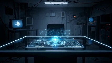 Wall Mural - Control room with artificial intelligence interface. Digital display with connected data. Futuristic technology and advanced system footage.