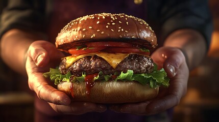 a deliciously juicy cheeseburger being held out to the viewer with care
