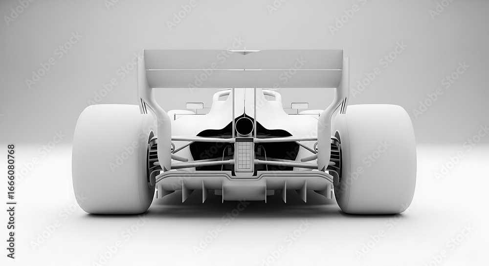 Rear view of a sleek white formula 1 racing car with wide tires and ...