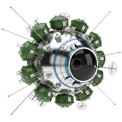 Detailed 3D Model of a Sputnik- Style Satellite with Green Modules spacecraft space isolated on a transparent background.