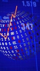 Wall Mural - animation of financial data processing on grid and globe with binary coding on blue background