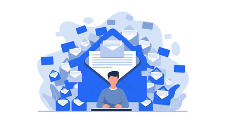 Man overwhelmed by a flood of emails, symbolizing digital communication overload and modern work challenges.