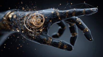 Human Arm touch gears composed of polygons. Low poly vector illustration of a starry sky style. gearing consists of lines, dots and shapes. Internet or digital or devices and computer symbol